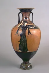 Amphore panathénaïque à figures noires, représentant Athéna Promachos, vers 340-339 av. J.-C.